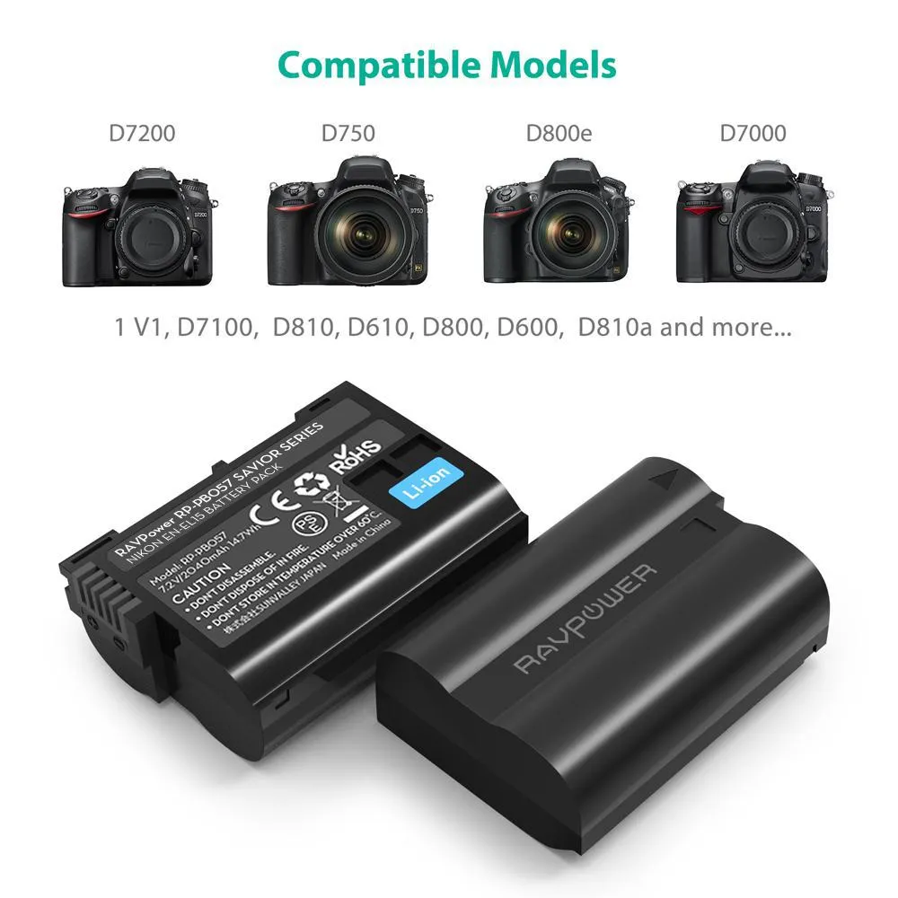 RAVPower EN-EL15 2040mAh Camera Battery Charger Set for Nikon