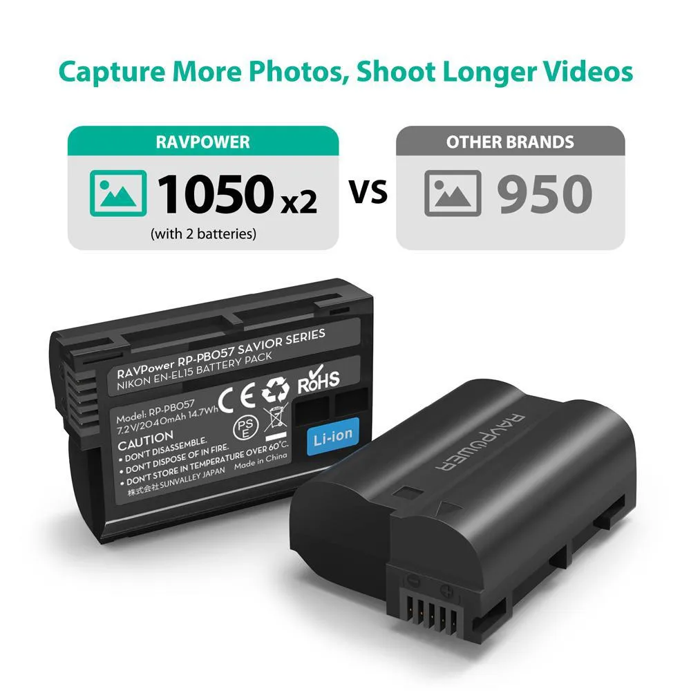 RAVPower EN-EL15 2040mAh Camera Battery Charger Set for Nikon