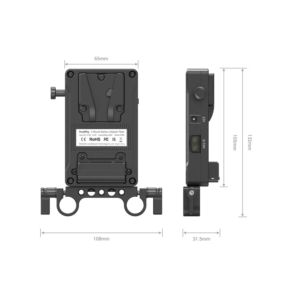 SmallRig V Mount Battery Adapter Plate (Basic Version) with Dual Rod Clamp 3498
