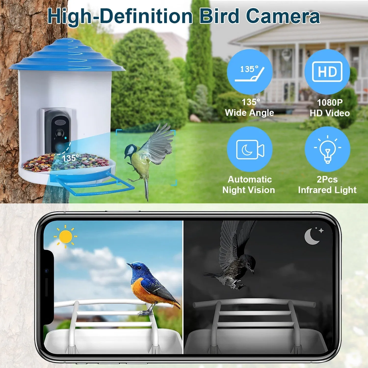 Smart Bird Feeder with Solar Powered Camera 1080P HD AI Identify PIR Motion Auto Capture Video Cloud Card Storage WiFi Connection App Control IP65 Waterproof