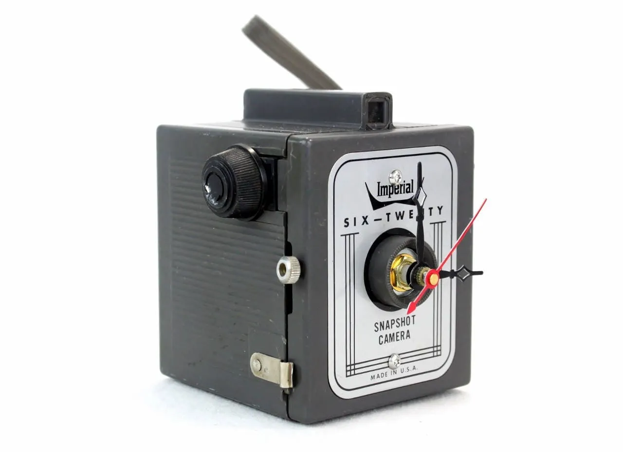 Vintage Imperial Camera Clock, upcycled, reuse, whimsical desk clock, office, fire mantel, antique tabletop clock