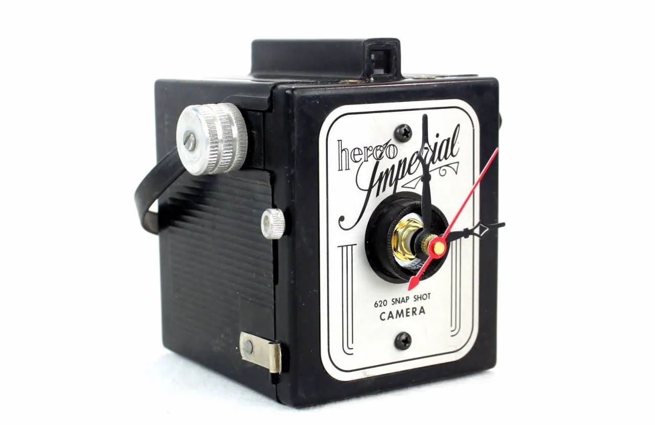 Vintage Imperial Camera Clock, upcycled, reuse, whimsical desk clock, office, fire mantel, antique tabletop clock