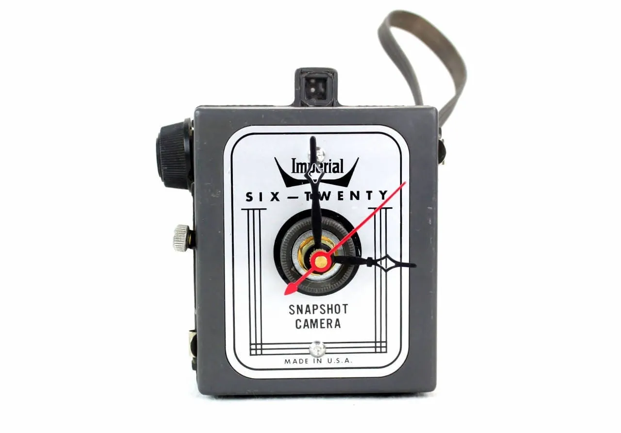 Vintage Imperial Camera Clock, upcycled, reuse, whimsical desk clock, office, fire mantel, antique tabletop clock