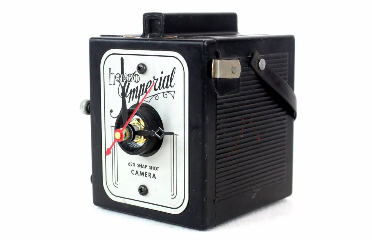 Vintage Imperial Camera Clock, upcycled, reuse, whimsical desk clock, office, fire mantel, antique tabletop clock