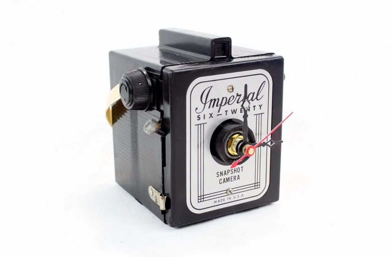 Vintage Imperial Camera Clock, upcycled, reuse, whimsical desk clock, office, fire mantel, antique tabletop clock