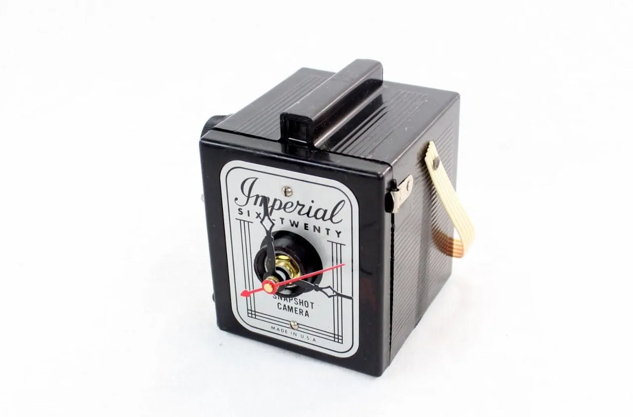 Vintage Imperial Camera Clock, upcycled, reuse, whimsical desk clock, office, fire mantel, antique tabletop clock