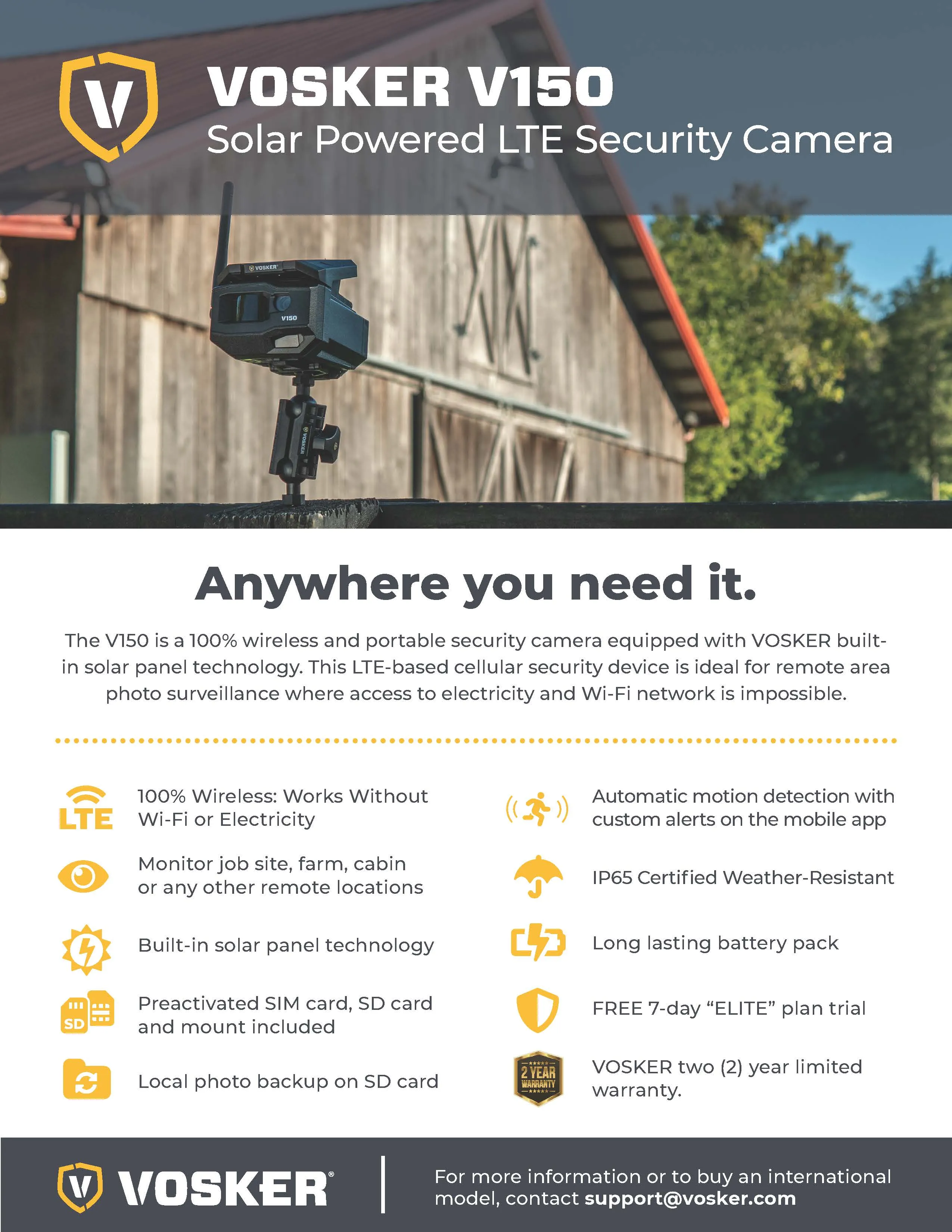 VOSKER® V150 Solar Powered LTE Cellular Outdoor Security Camera | V150