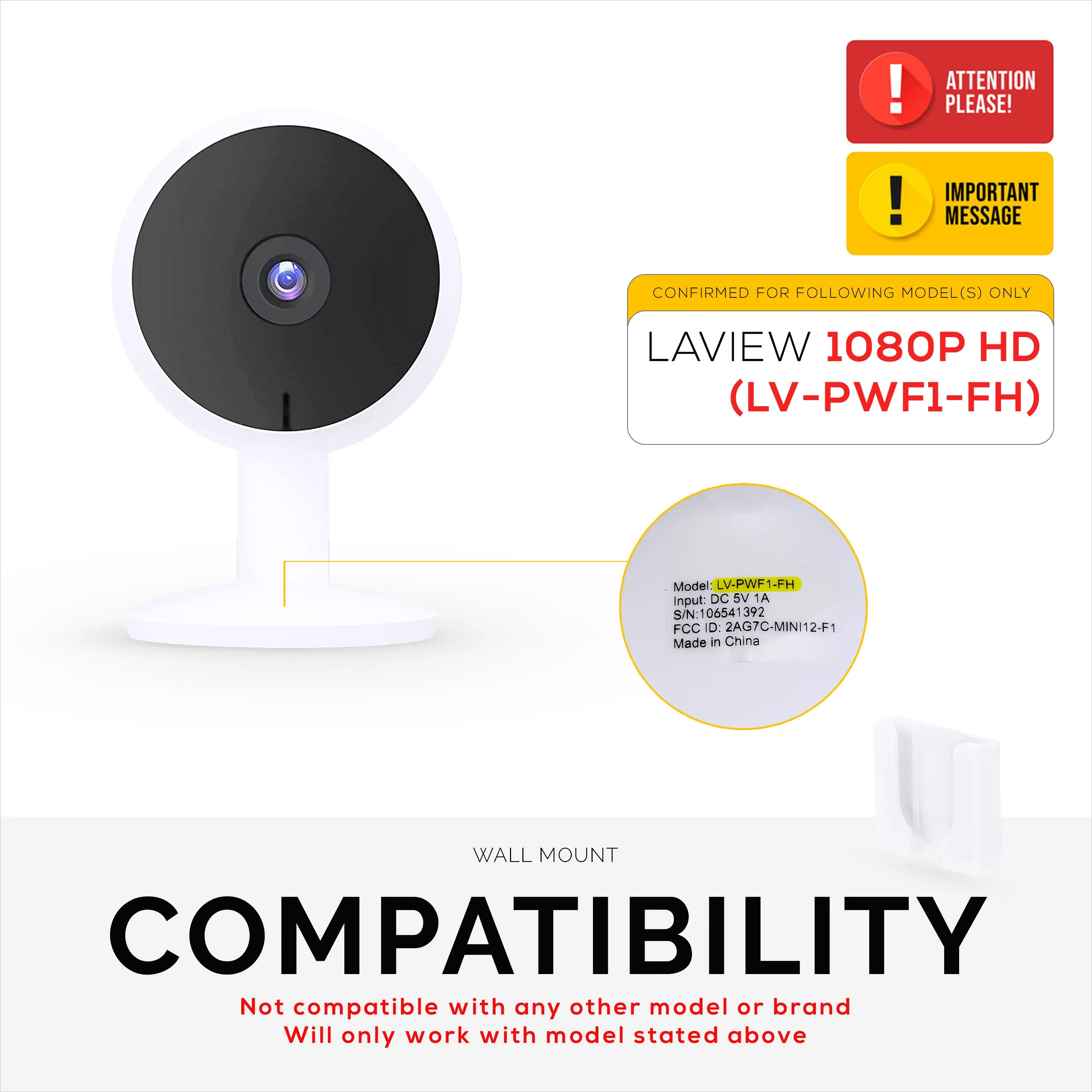 Wall Mount for LaView LV-PWF1 1080P HD Indoor Camera, Adhesive Security Cam Holder Bracket, Reduce Blind Spots & Clutter, Adhesive & Screw-In Mounting