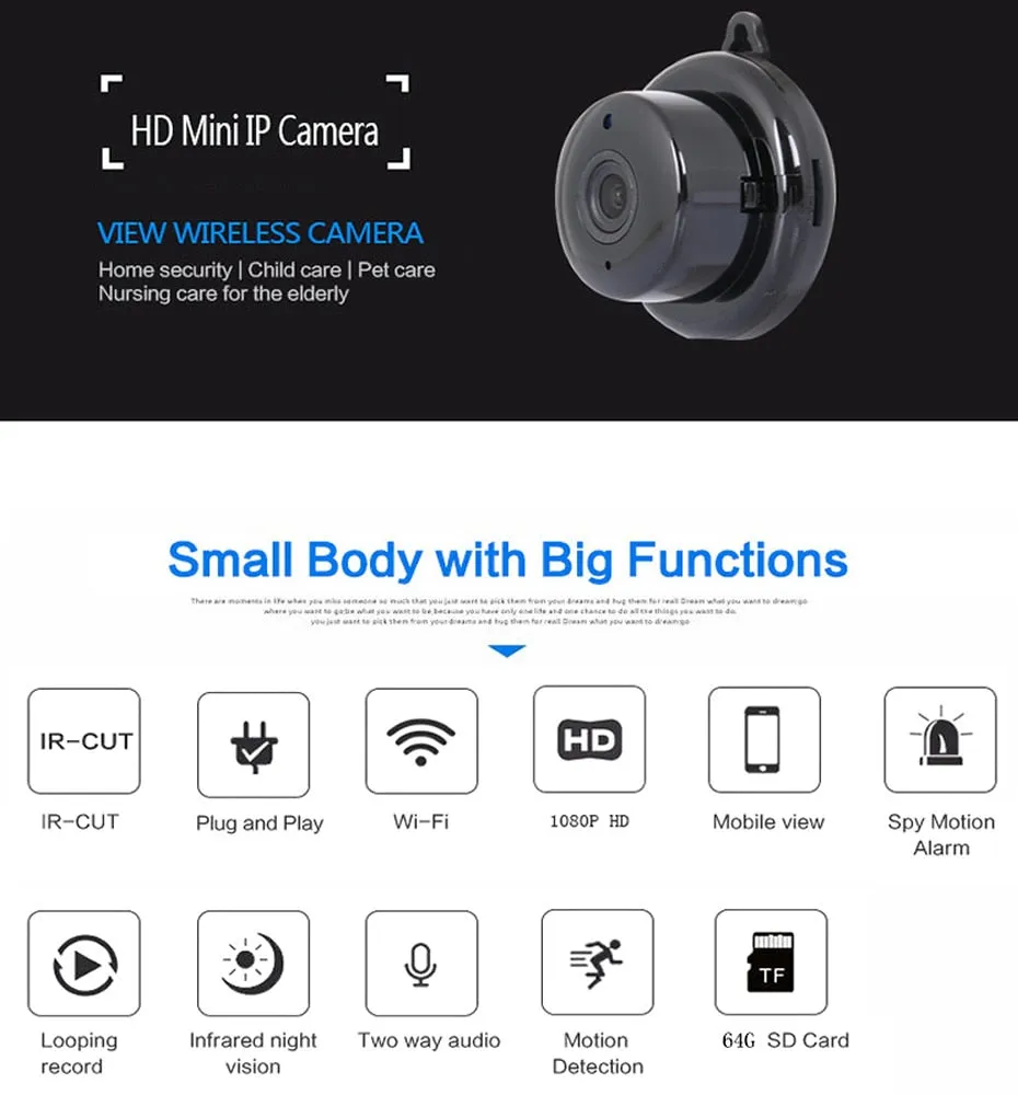 Wireless Mini WiFi Camera 960P (HD, Night, CCTV, Motion, Alarm)